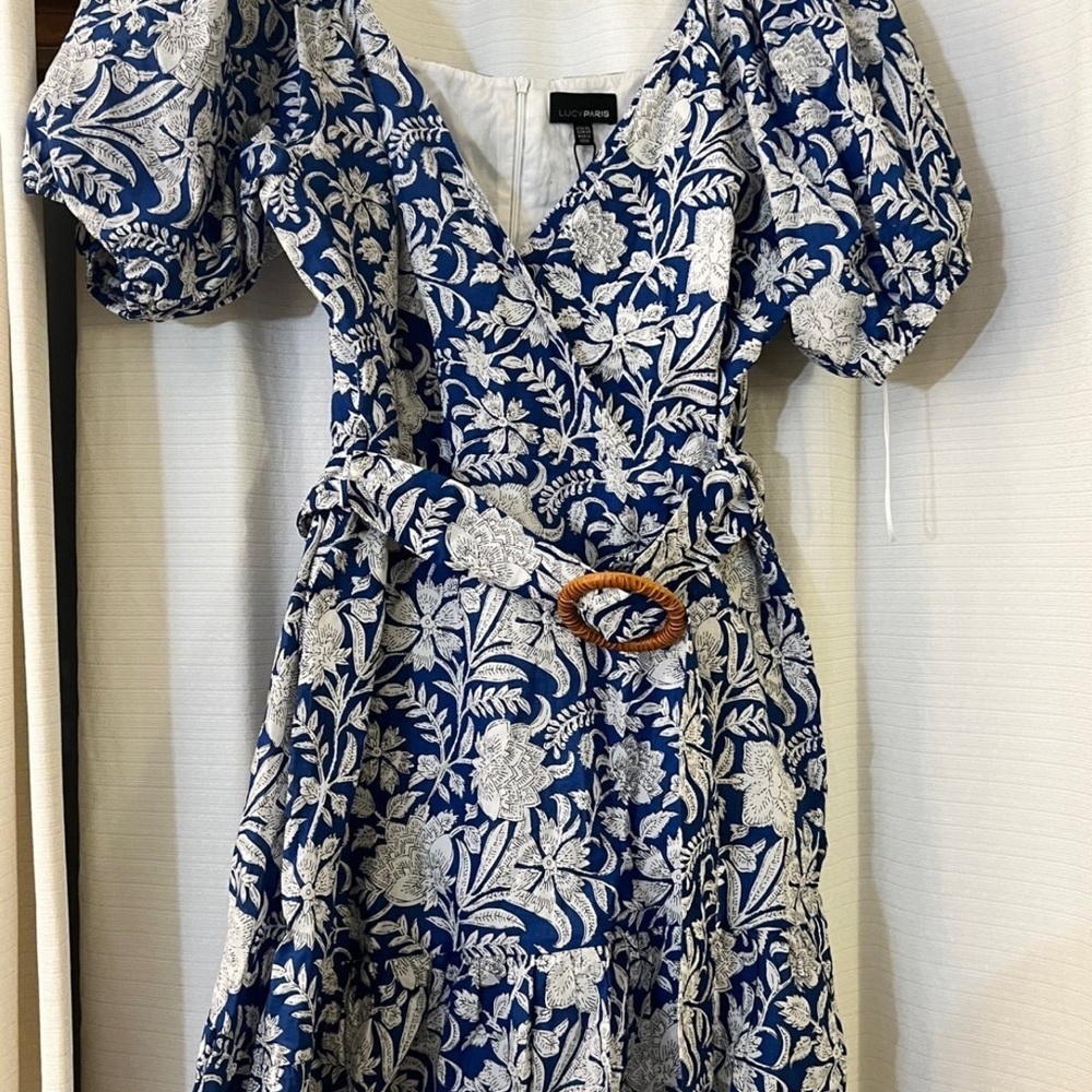 Lucy Paris Navy and White Floral Midi Dress with Belt